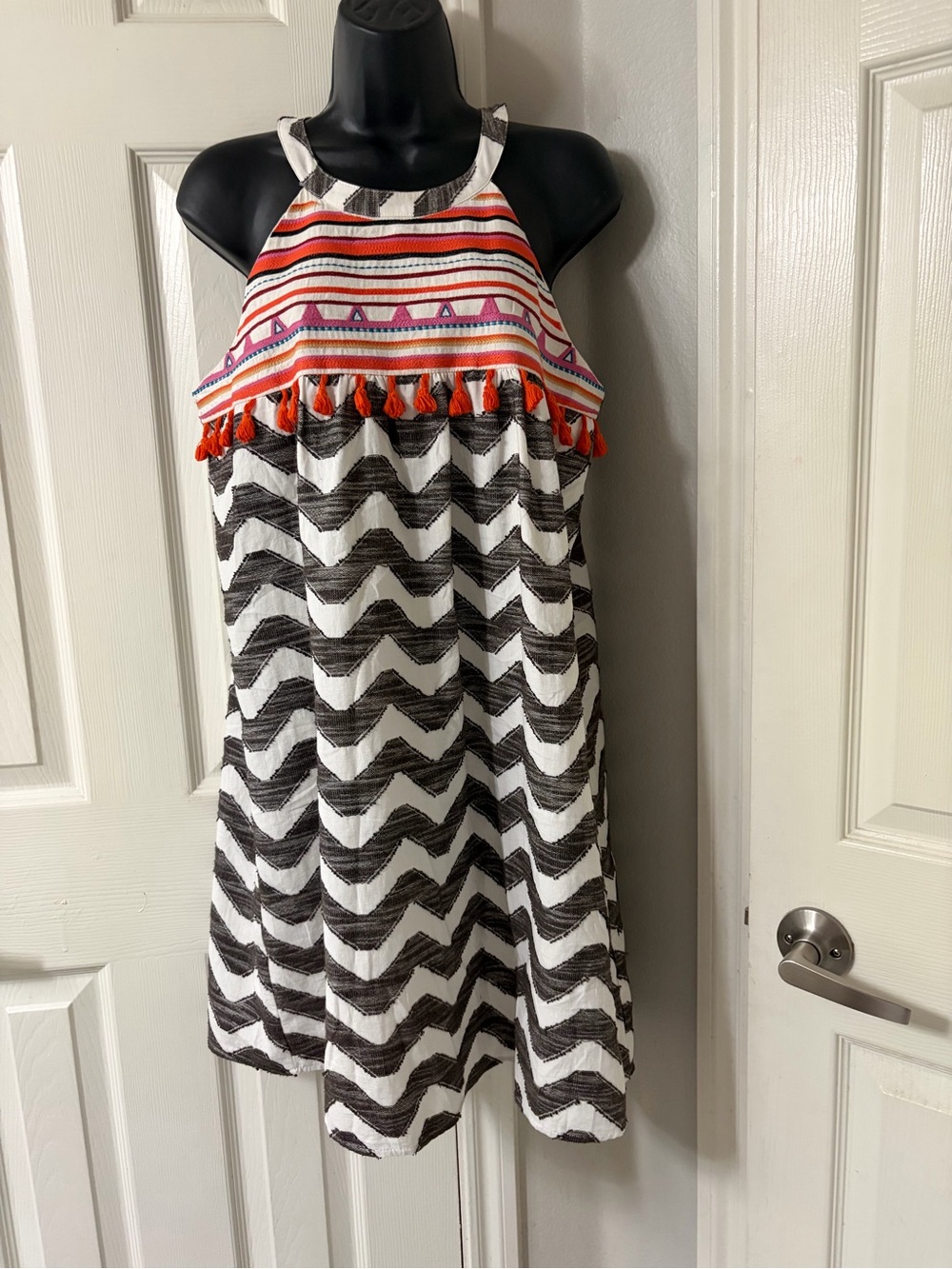 THML Boho Embroidered Chevron Halter Shift Dress Size M